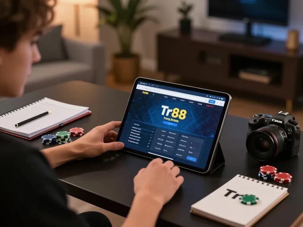 Engaging with Tr88 trang chủ, a user navigates online gaming on a tablet amid betting strategy notes and poker chips.