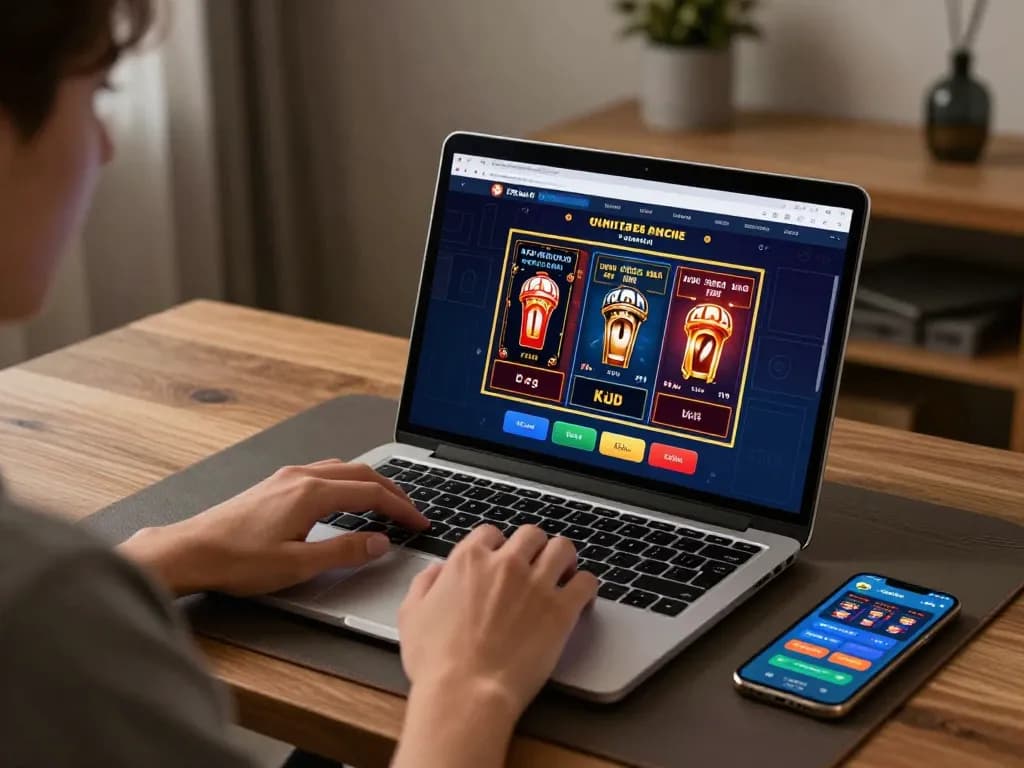 Engaging in online slot gaming on a laptop, showcasing situs slot interface in a comfortable home setting.