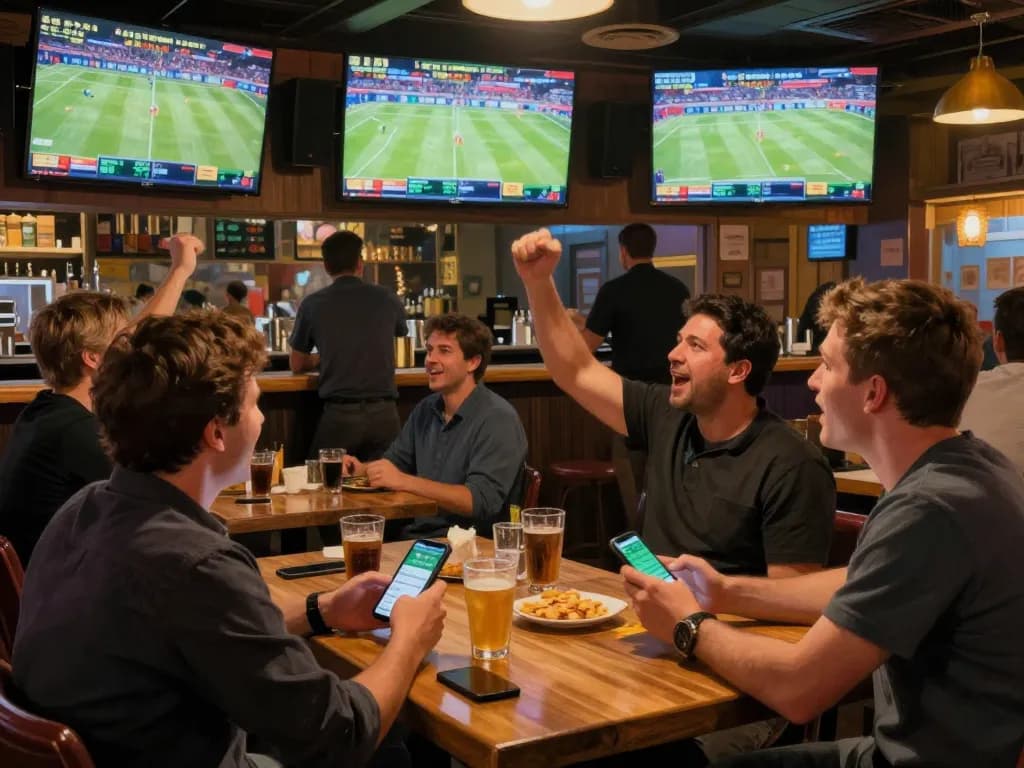 Exciting sports betting scene with patrons using link slot apps and watching live games