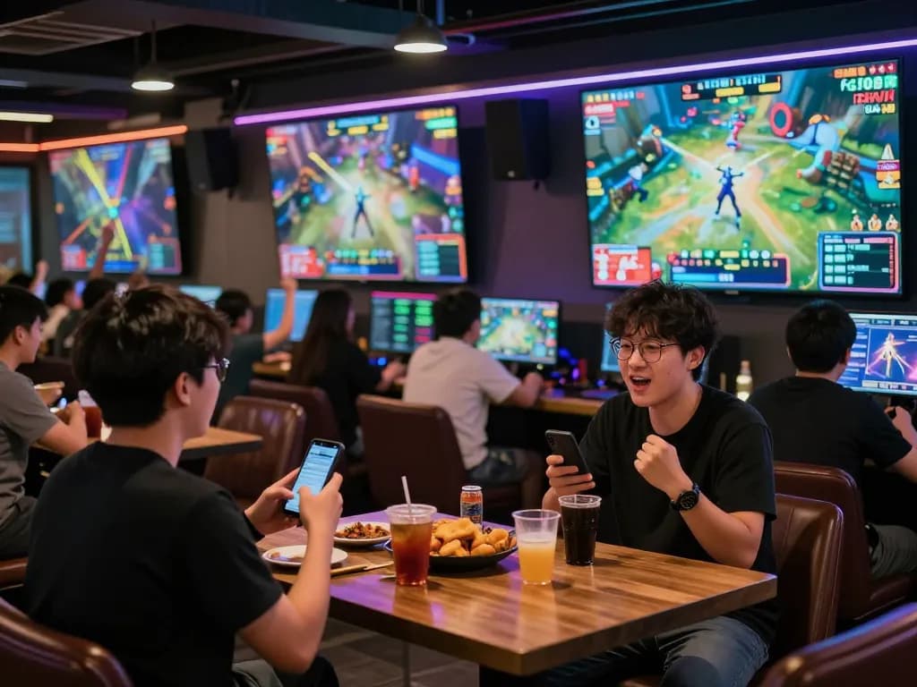 Fans intensely betting during a live esports event on fo88 at a vibrant sports bar.