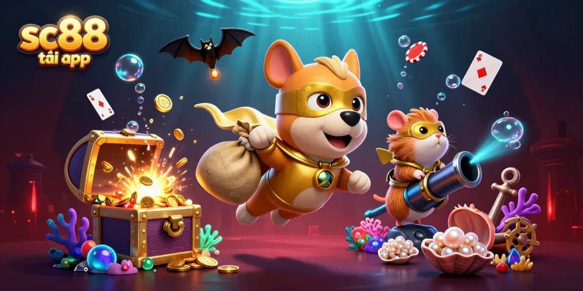 Experience the thrill of gaming with SC88 tải app, where a superhero dog flies above glittering treasures.