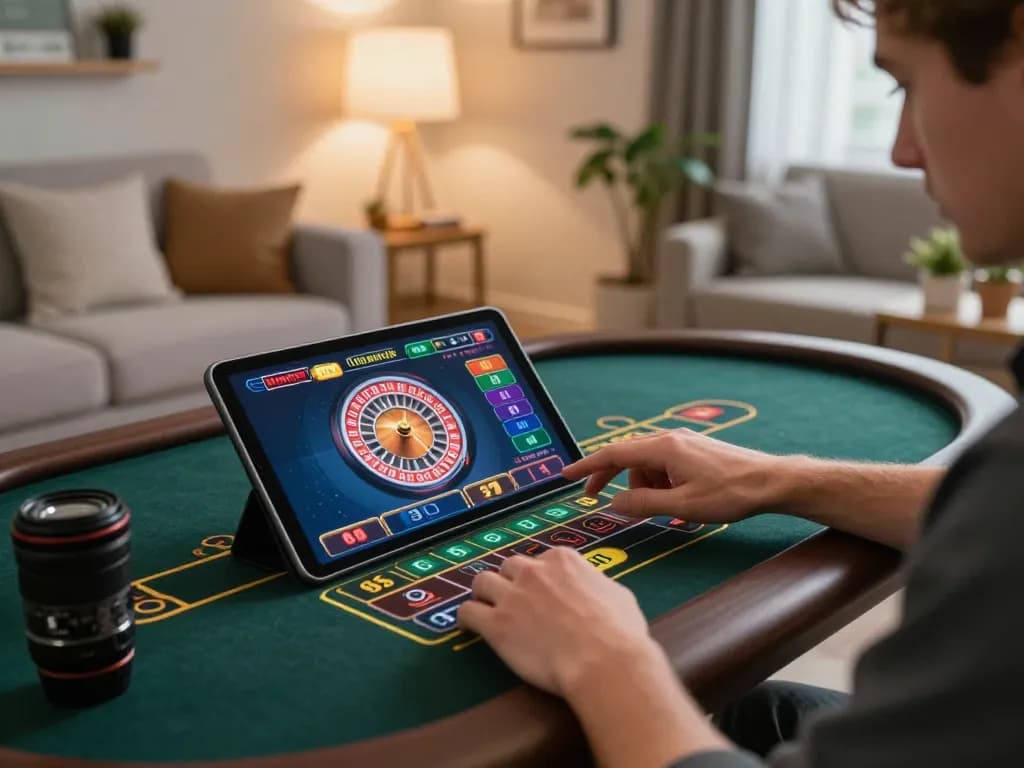 Engaging moment of sunwin player strategizing at home casino table with tablet in hand
