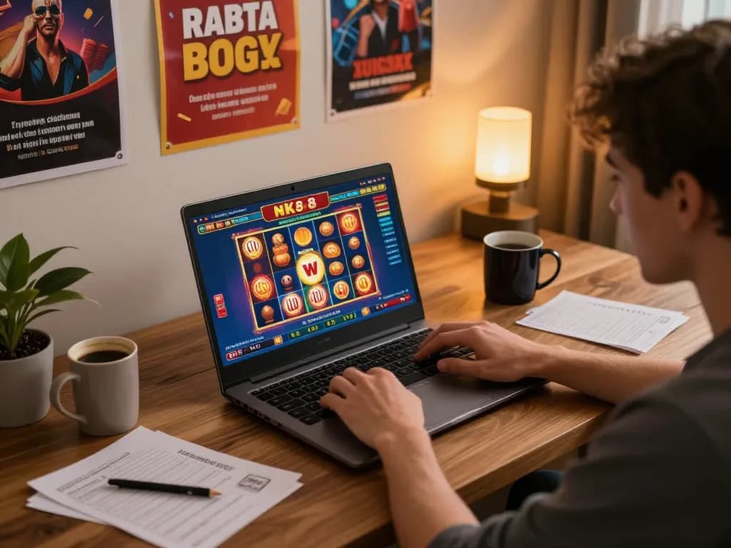 Player enjoying vibrant NK88 online gaming experience using laptop for exciting slot games