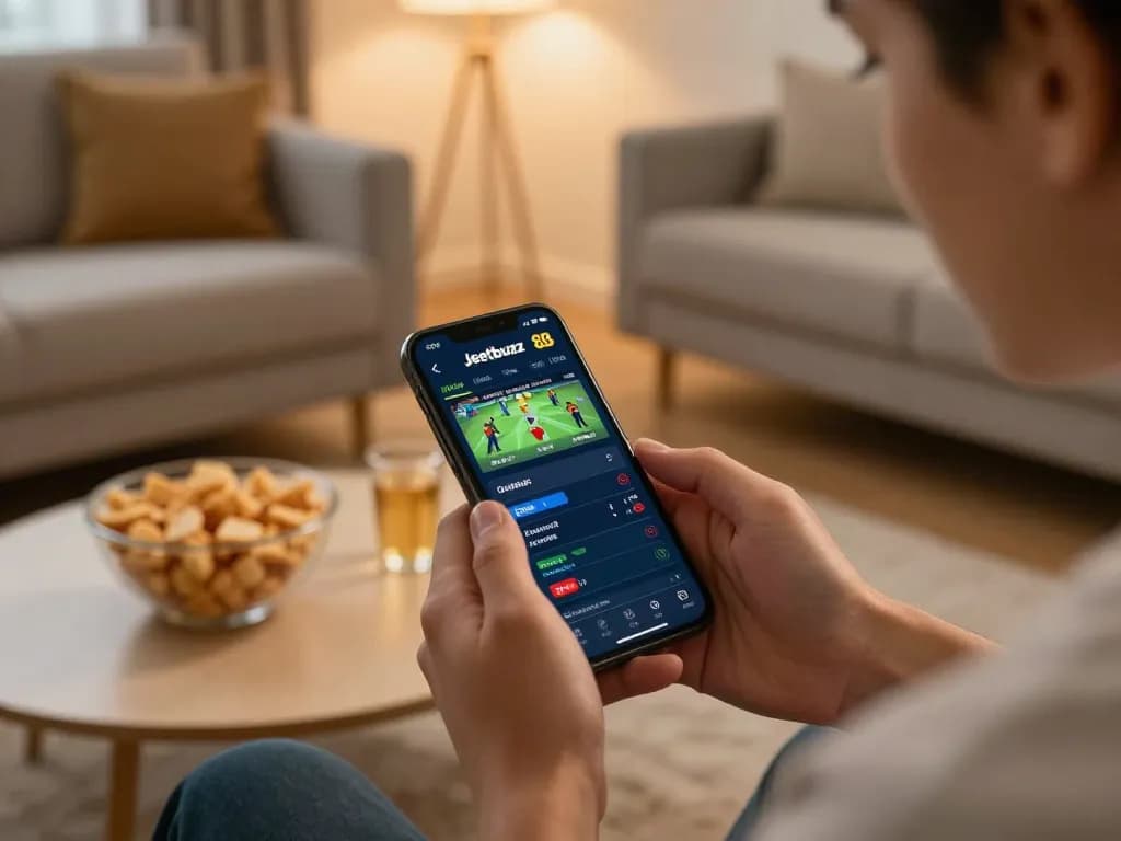 Engaged player using the Jeetbuzz 88 app for sports betting in a cozy living room