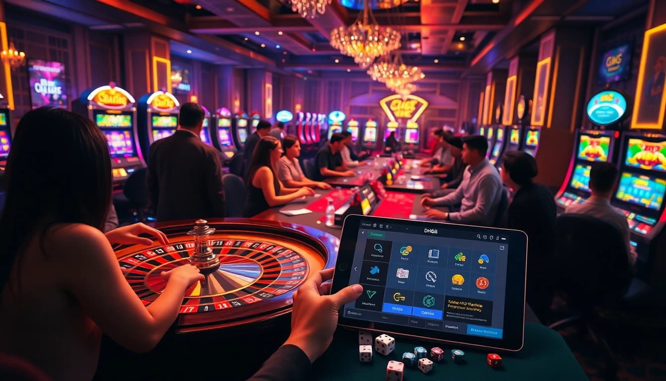 Experience the excitement at dh88 casino with players around roulette tables and vibrant slot machines.