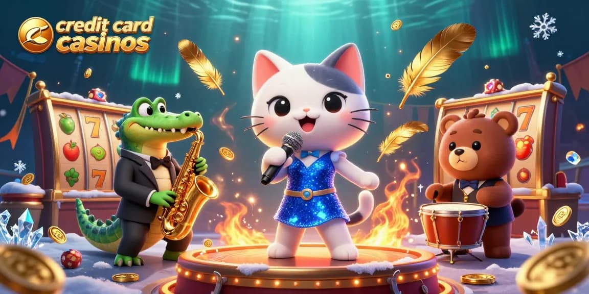 Experience the excitement at credit card casinos with a lively illustration of gambling characters and vibrant elements.