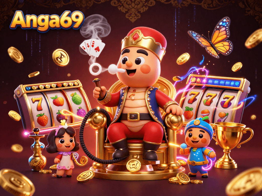 Play slots and win with Angka69, featuring a vibrant 3D scene of excitement and games.