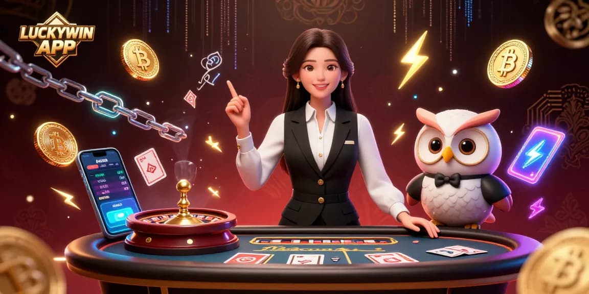 Experience thrilling gameplay with LUCKYWIN APP featuring a professional dealer and vibrant casino elements.
