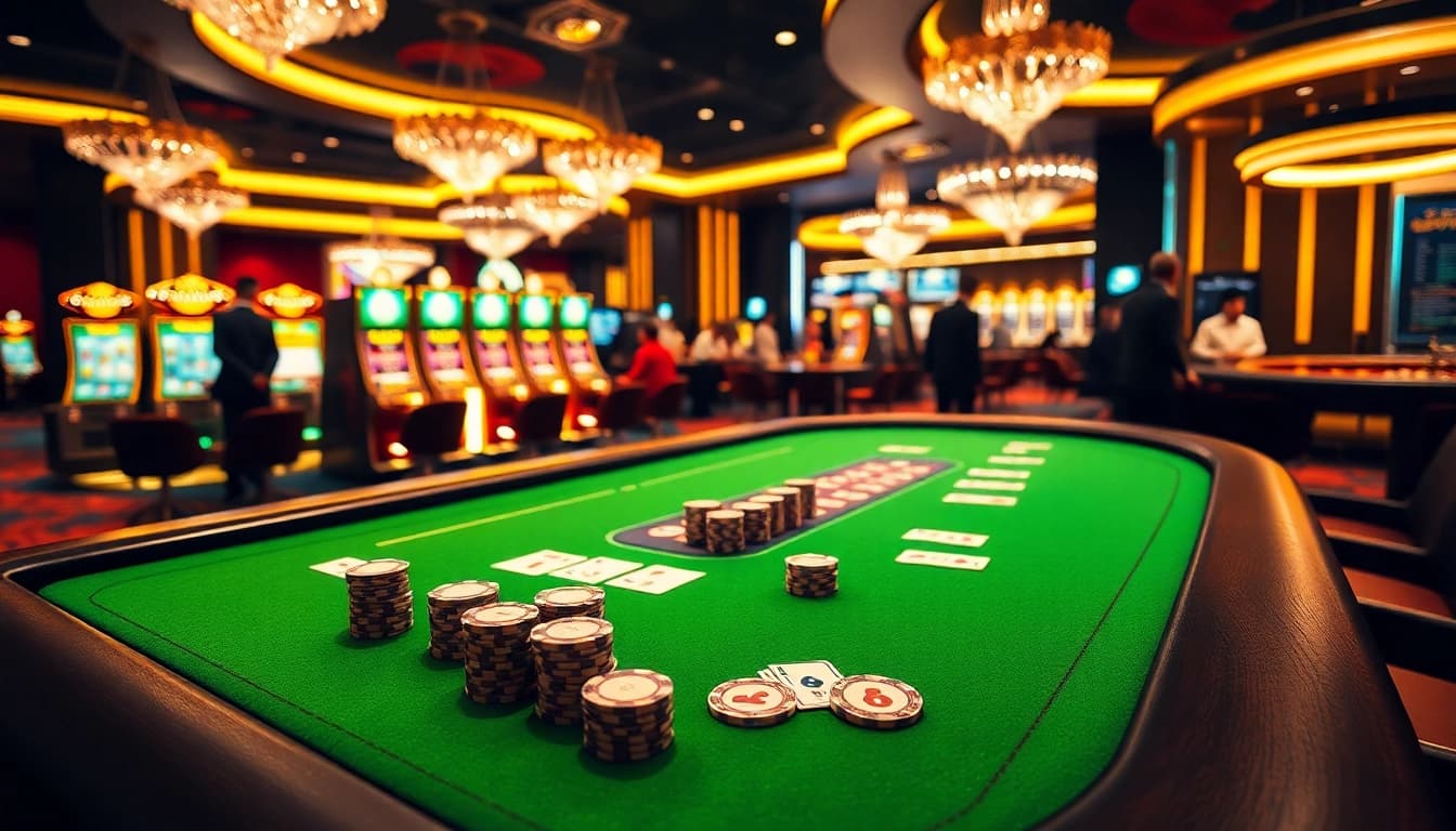 Engaged players at DN88's vibrant casino tables with poker chips and cards.