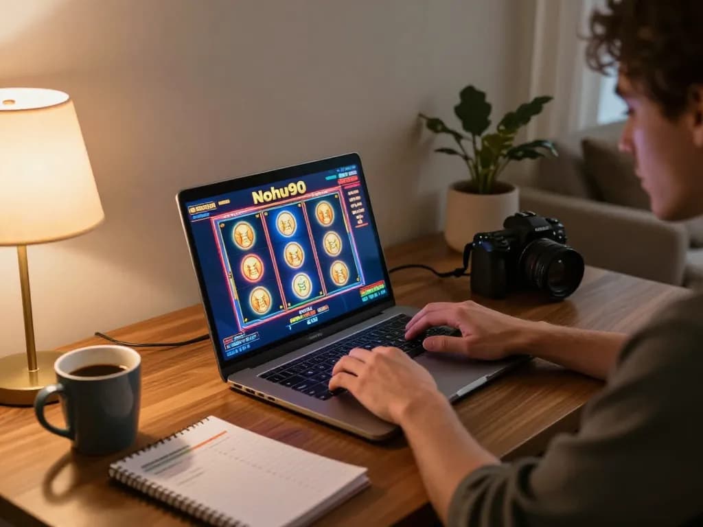 Nohu90 player enjoying an online slot game in a cozy home setup with strategic notes