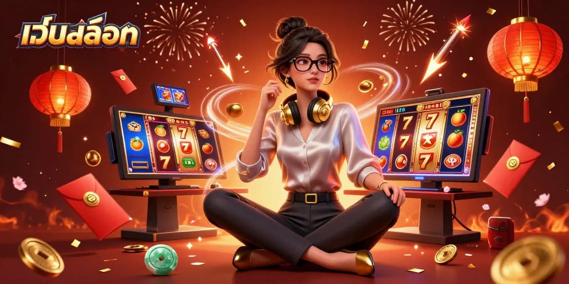 Engage with เว็บสล็อต through vibrant slot reels and a confident gamer in a rich 3D illustration.