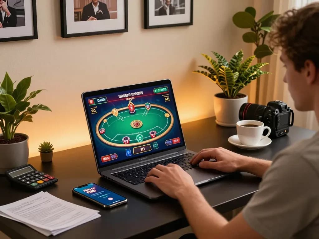 Engaging in online casino gaming with nhà cái F168 on a laptop, showcasing a lively poker game.