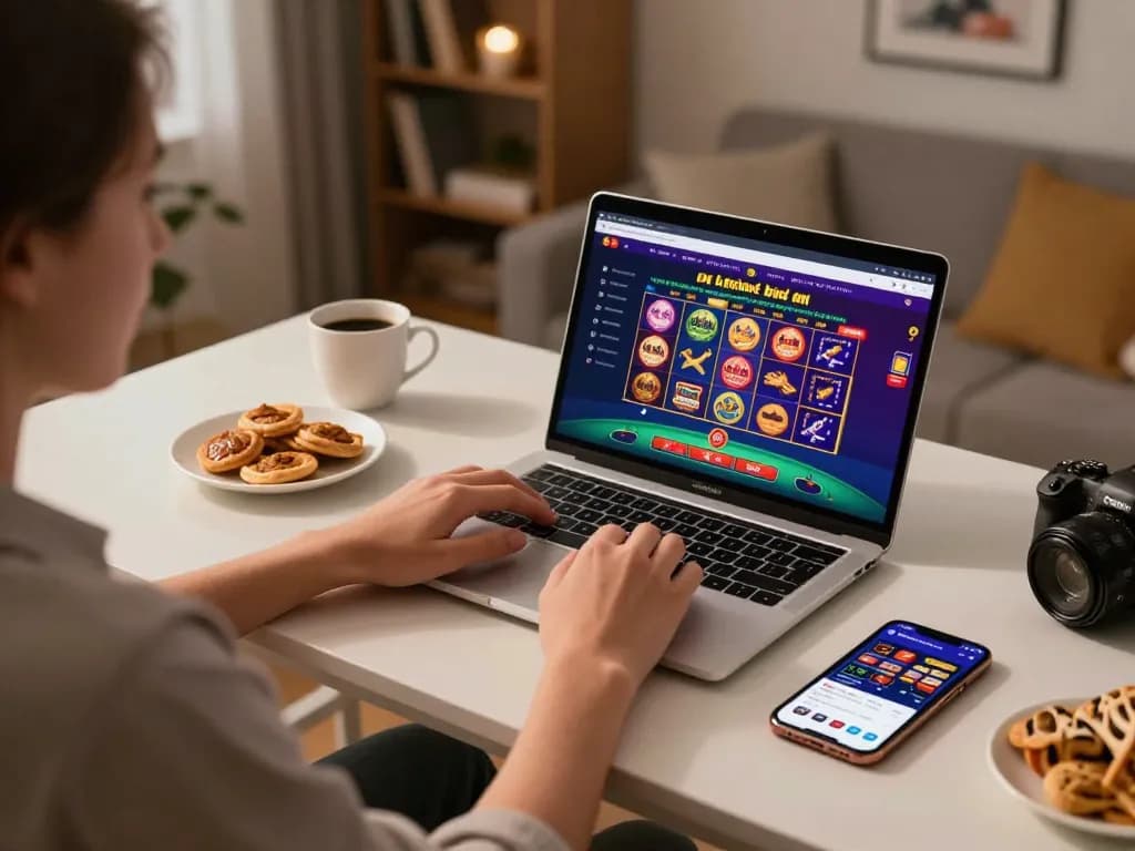 Person engaging with kuwinfi online casino platform on a home setup, showcasing a vibrant gaming atmosphere.