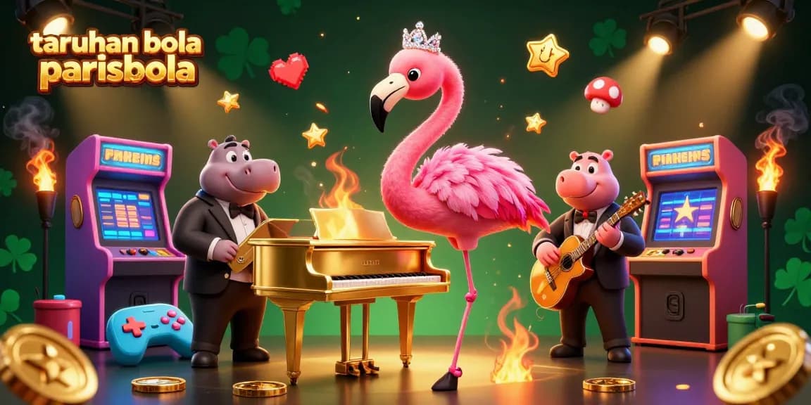 Engage in taruhan bola parisbola with vibrant 3D casino scene featuring flamingo singer and hippo bassist.