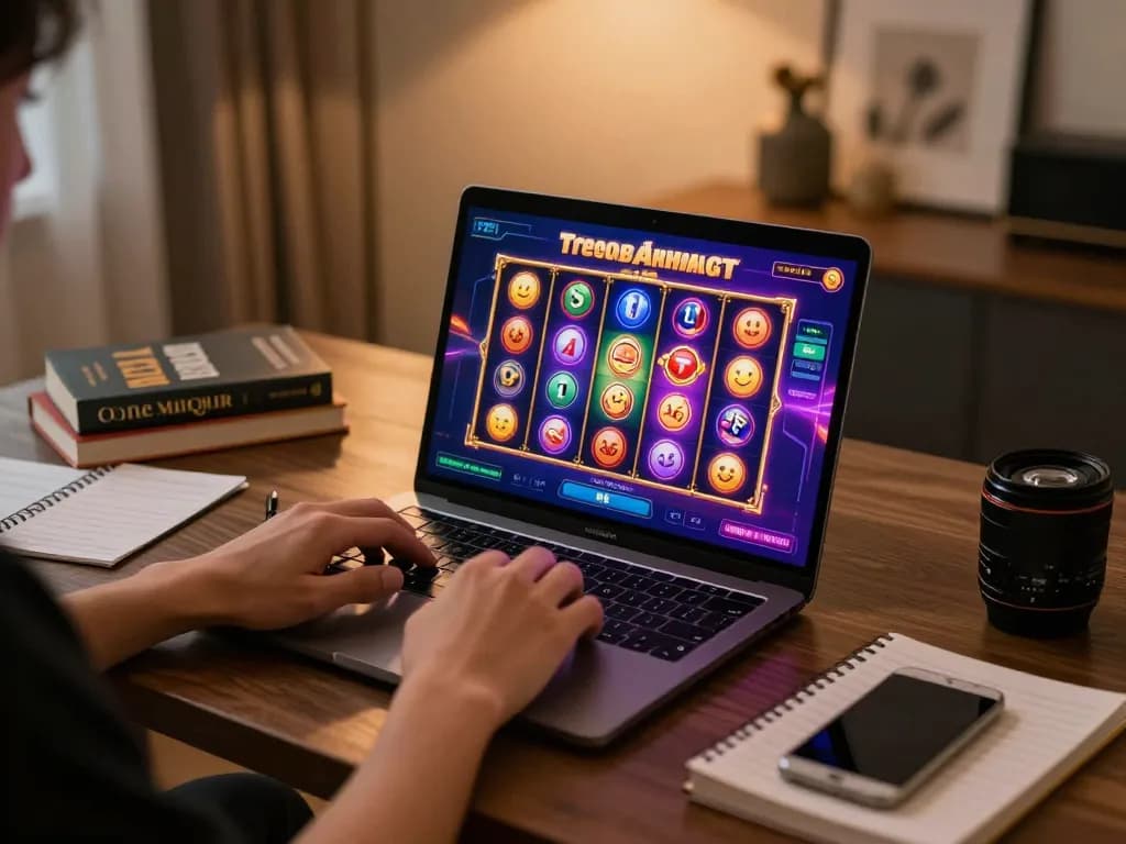 Permainan yang menarik di slot dalam talian malaysia dengan gulungan berwarna-warni berputar pada skrin laptop.