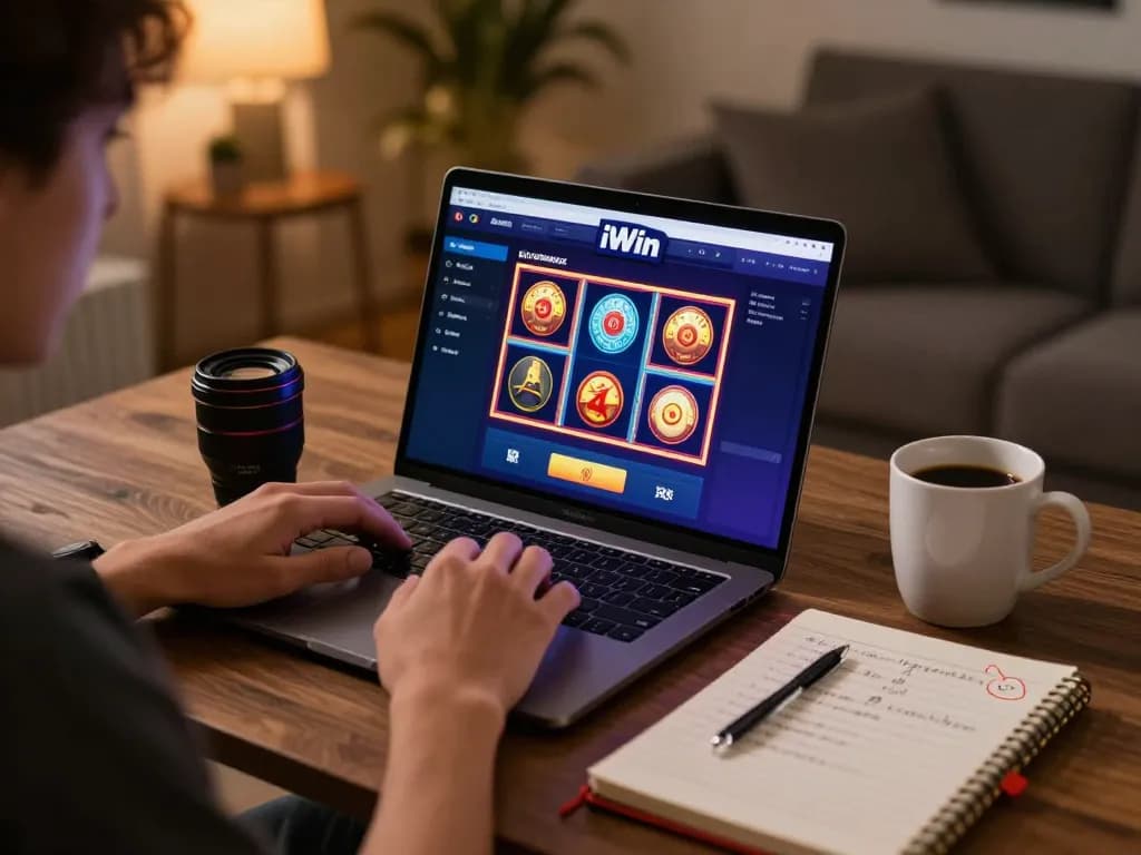 iWin gaming session on laptop with engaging slot machine interface in cozy home setup.