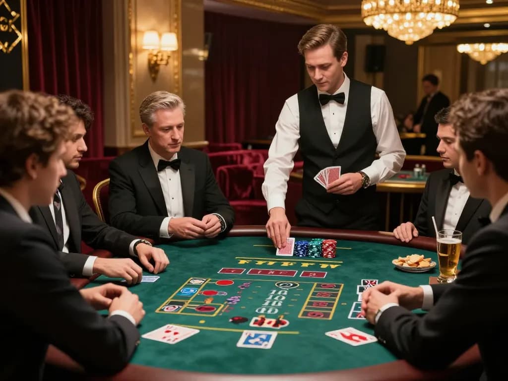 Players engaged in a strategic blackjack game at TR88 casino table, showcasing intense focus and luxury.