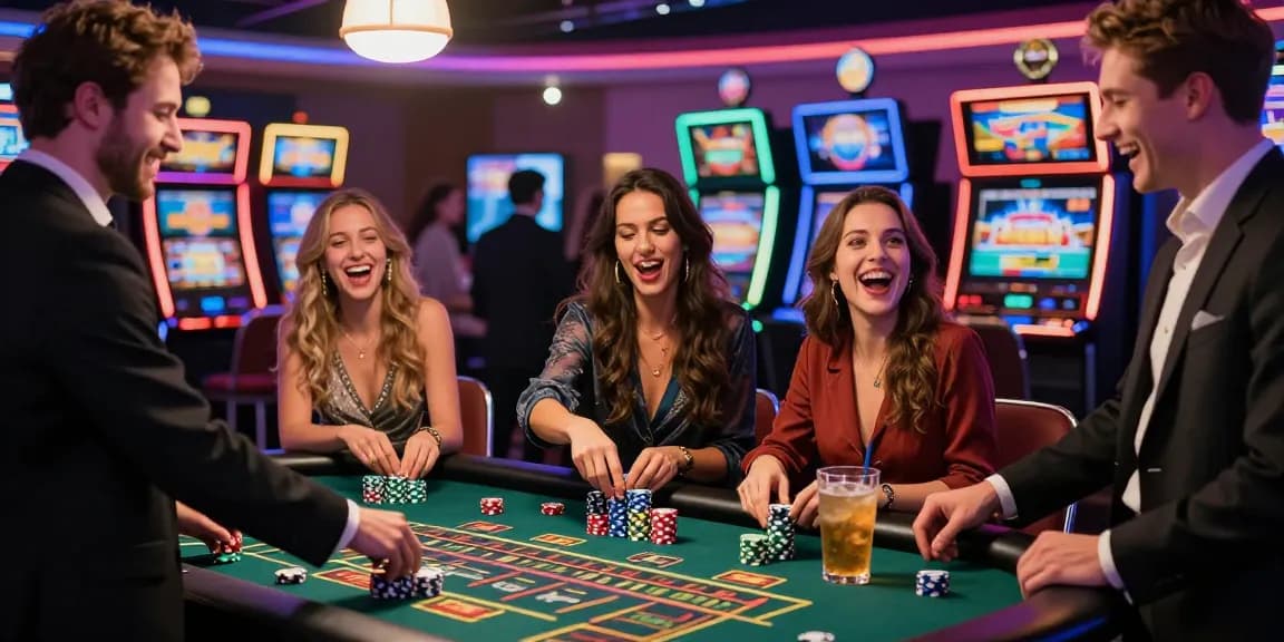 Exciting gambling atmosphere with friends at AA88 COM roulette table, vibrant casino lights.