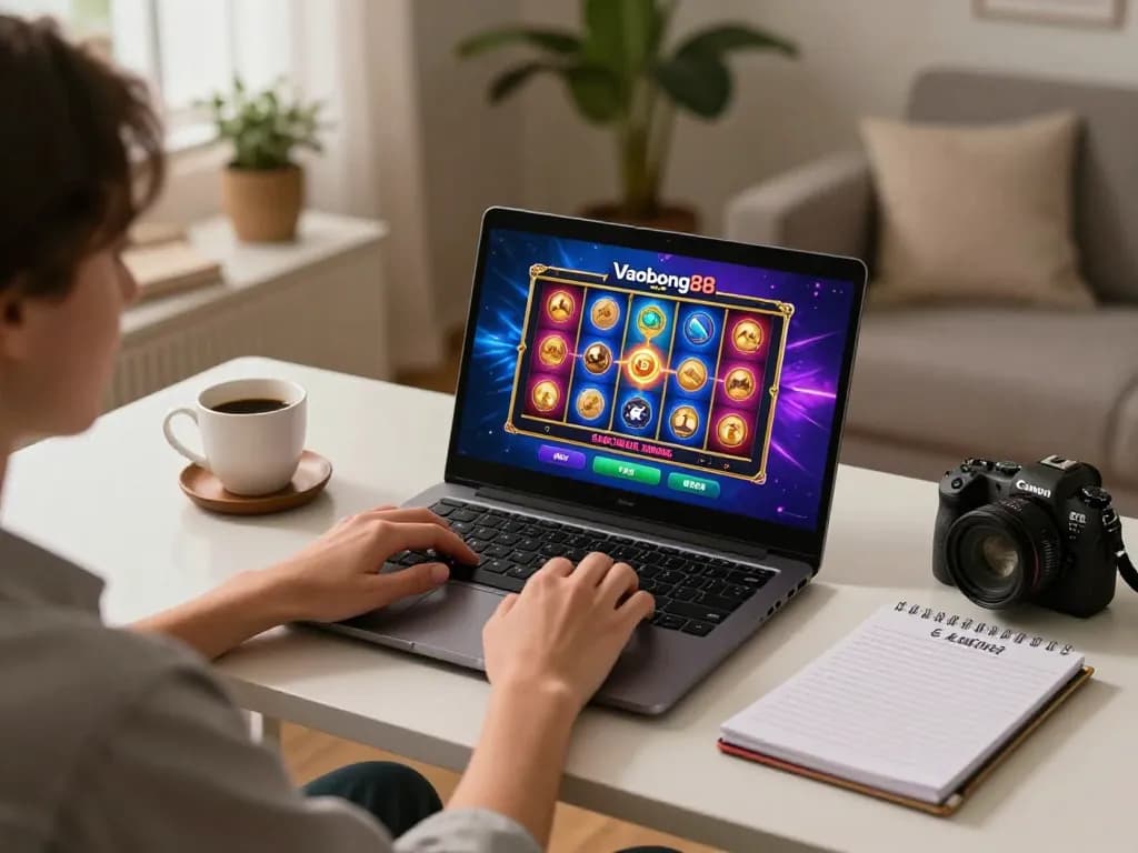 Engaging in Vaobong88 online gaming from a stylish home office with vibrant slot visuals