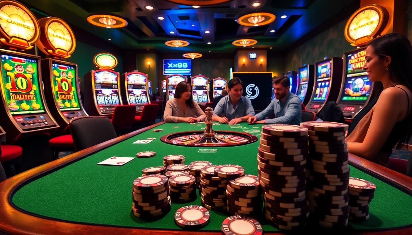 x88 casino players engaging with vibrant roulette tables and poker chips in a luxurious gaming atmosphere.