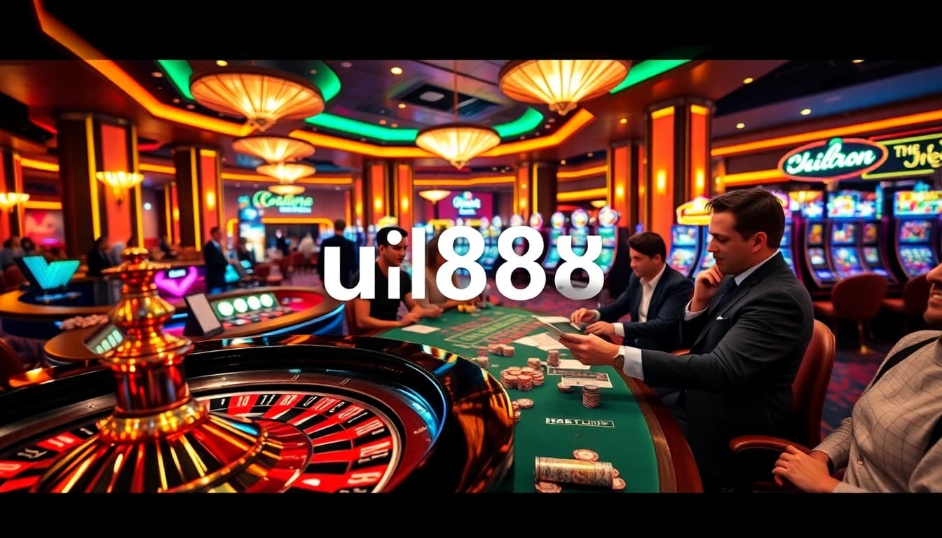 Players engage in thrilling bets at uu8888 casino tables with vibrant decor and luxurious ambiance.