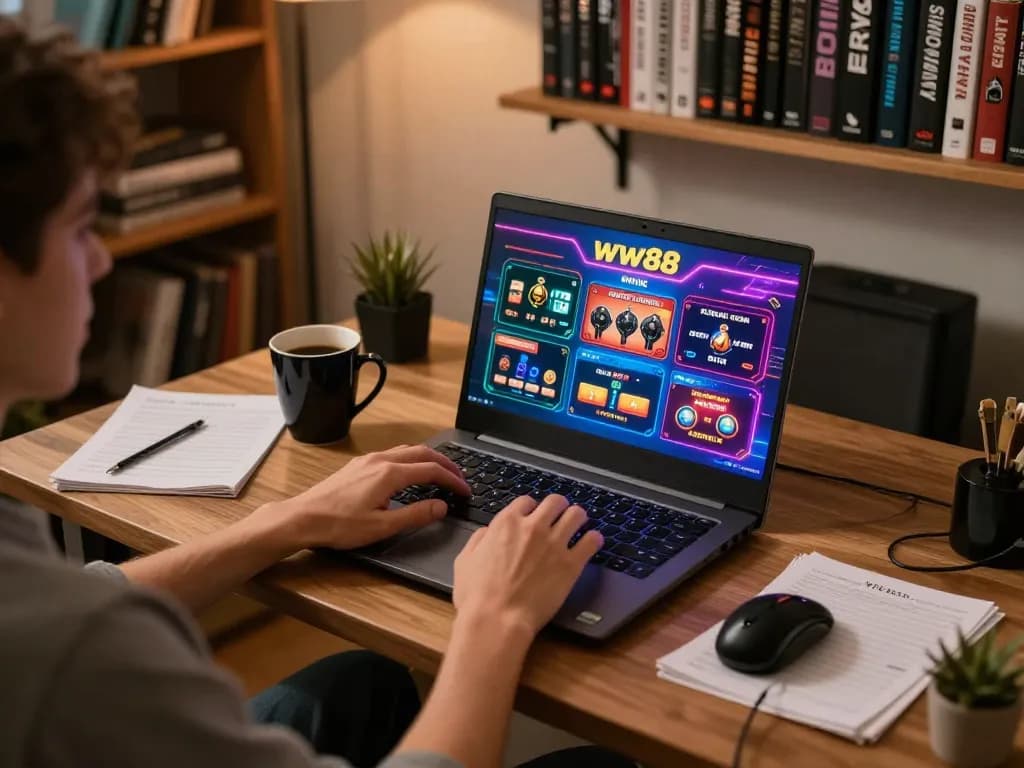Player engaging with ww88 online casino games on a laptop at home, showcasing a cozy gaming environment.