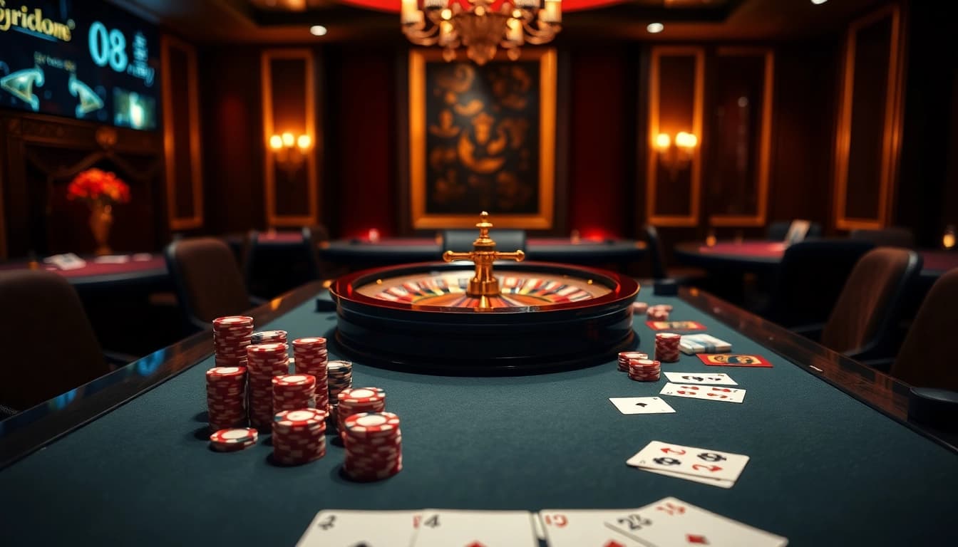 Visually engaging casino scene highlighting qh88 with poker chips and cards for enthusiastic gamblers.