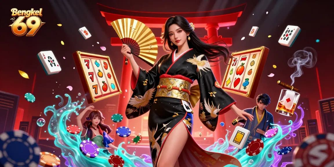 Bengkel 69 showcases vibrant slot reels and poker elements in a captivating online casino scene