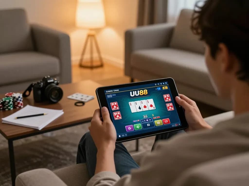 Player enjoying poker on UU88 mobile app from a cozy home setup, engaging with online gaming.