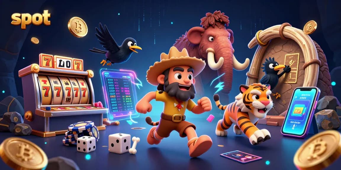 Menggulung slot dengan karakter prasjarah di kasino, berlatar belakang neon dan elemen digital.