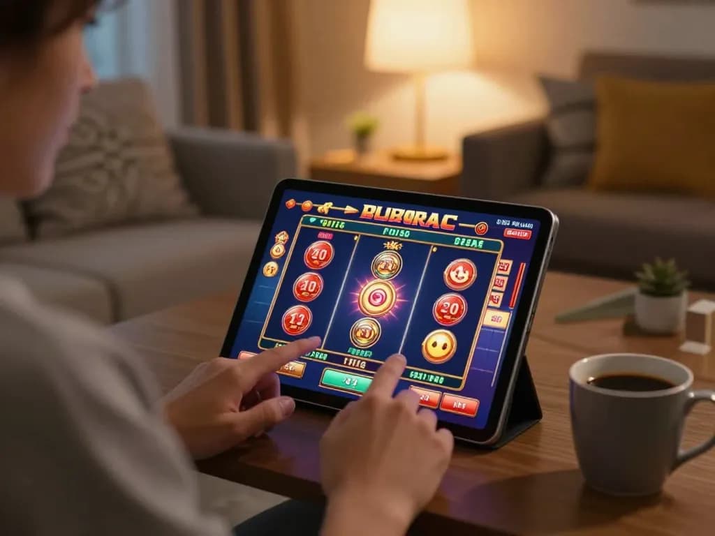 Engaging gameplay at Canada online casinos with a person using a tablet, enjoying a slot machine.
