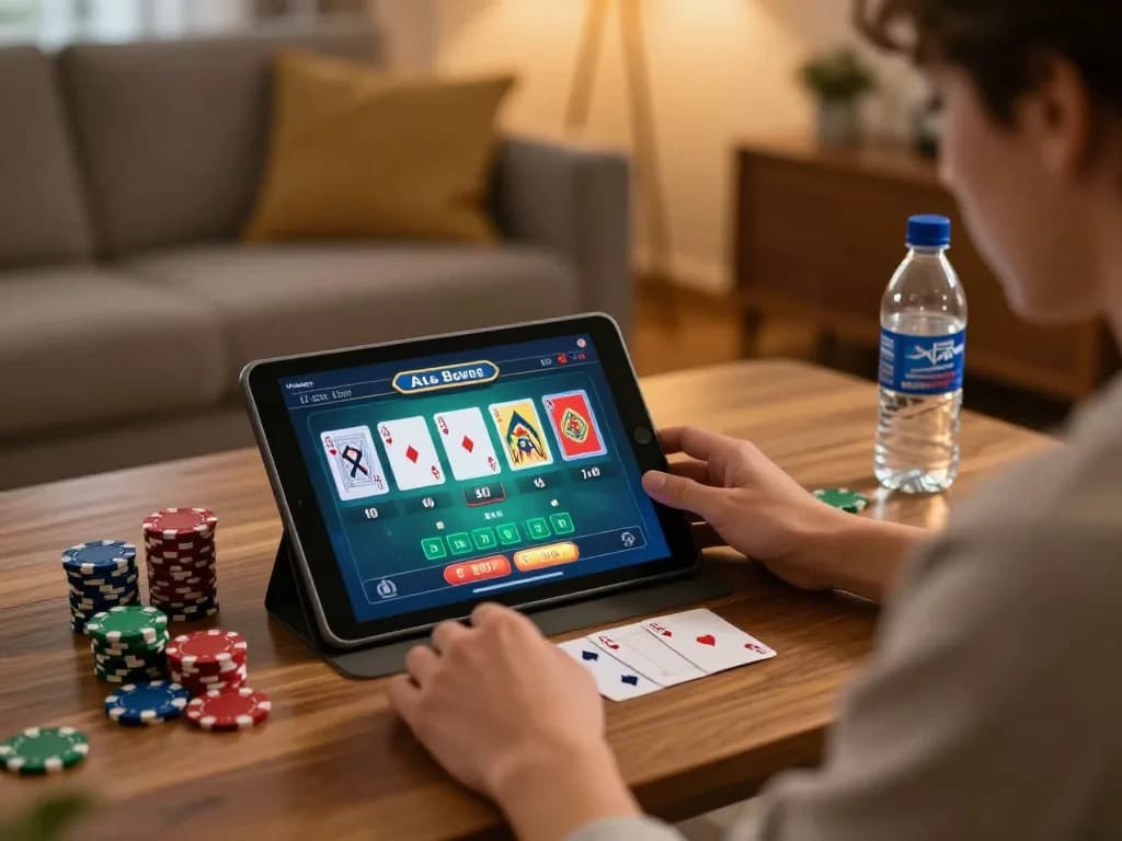 Playing blackjack on ALO8 app in a cozy home setting with chips stacked nearby