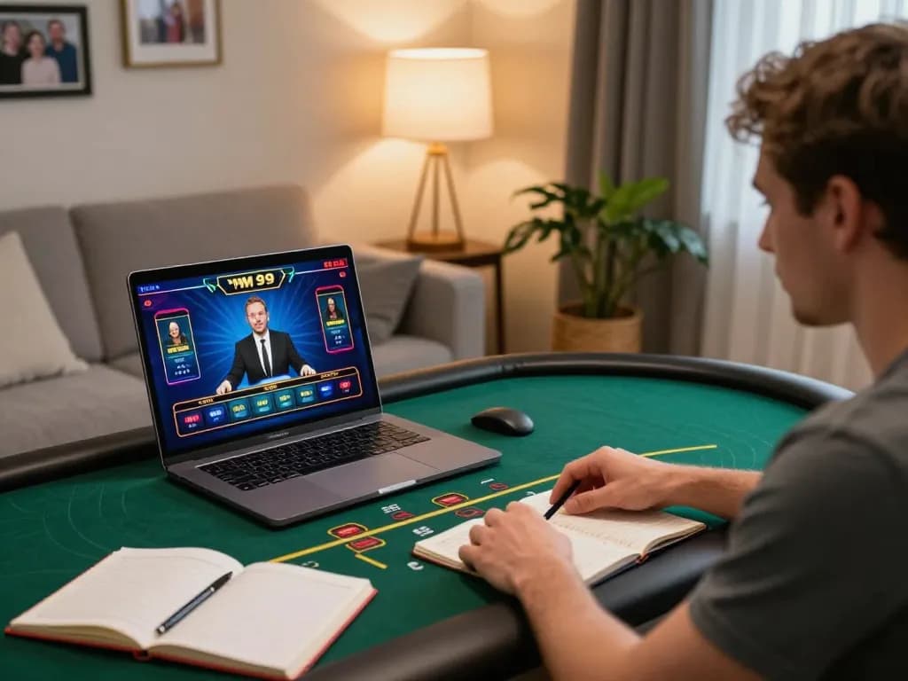 Player enjoying live dealer gaming on MM 99 in a cozy home setting with strategy notes.