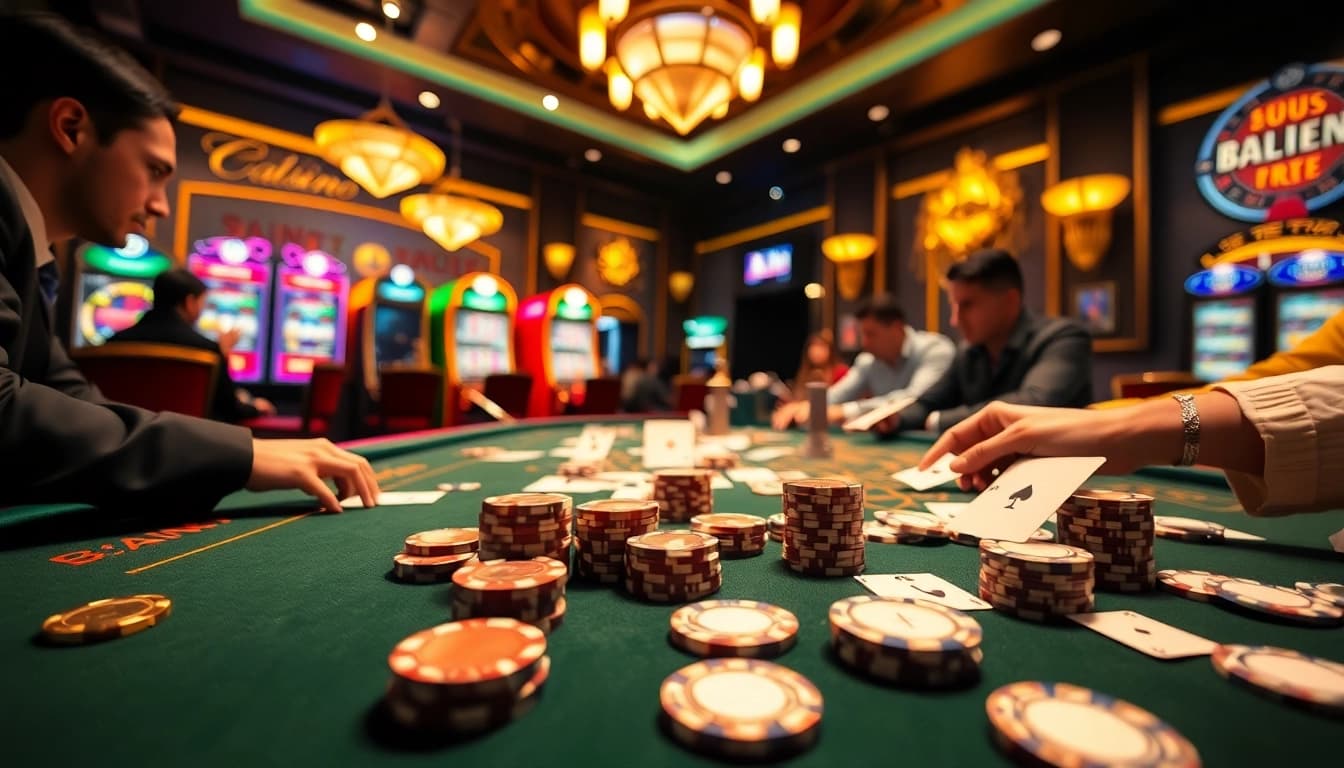 Engaging gamblers at https://rr88wang.com/ with an upscale casino scene featuring poker, roulette, and vibrant slot machines.