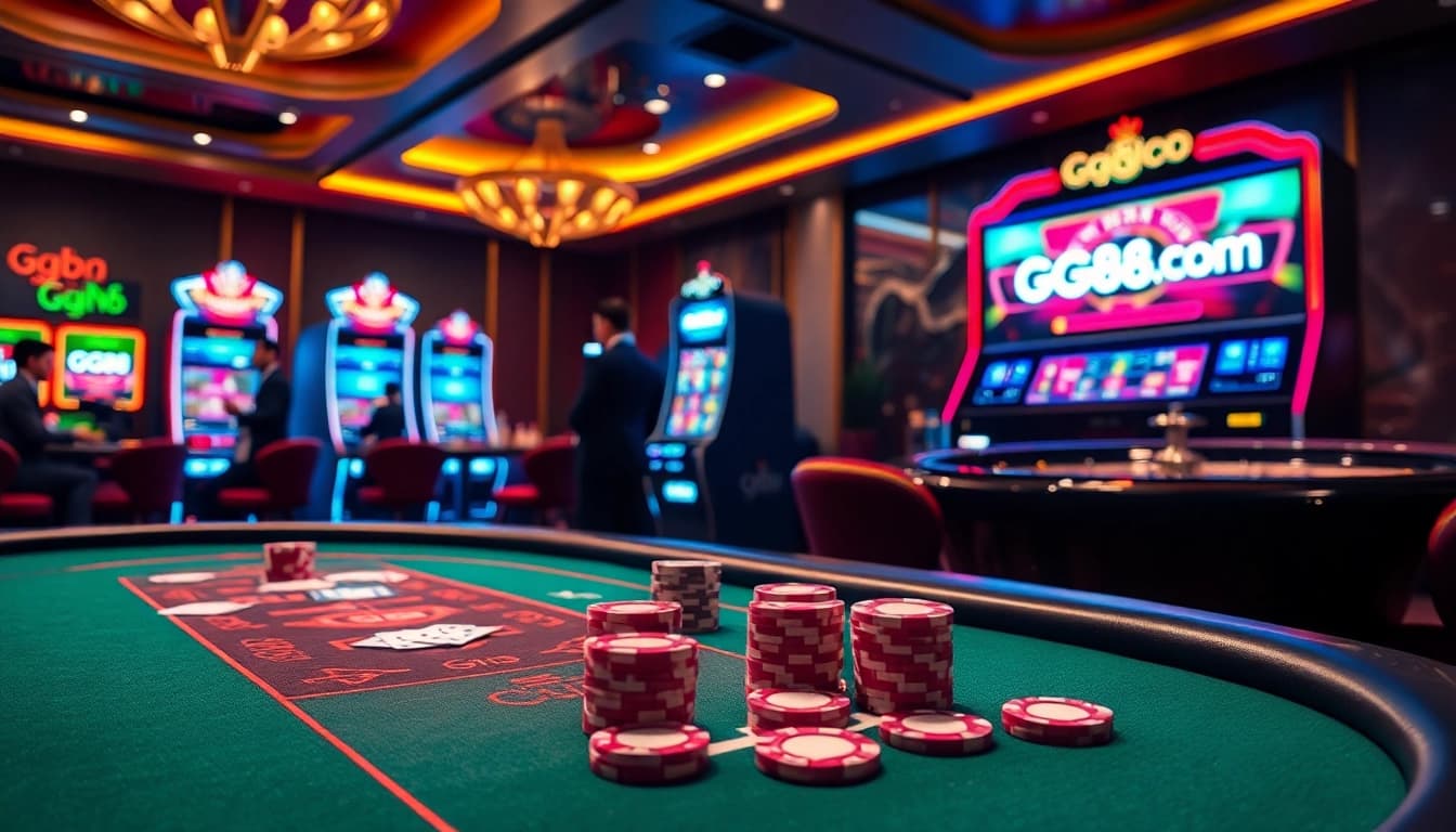 Experience the thrill of online gaming with gg88 com in a luxurious casino setting featuring poker tables and slot machines.