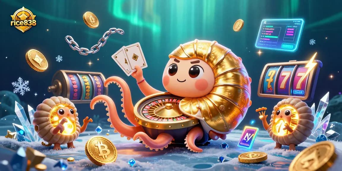 Spin the reels and win with rice838, engaging 3D illustration of a casino atmosphere.