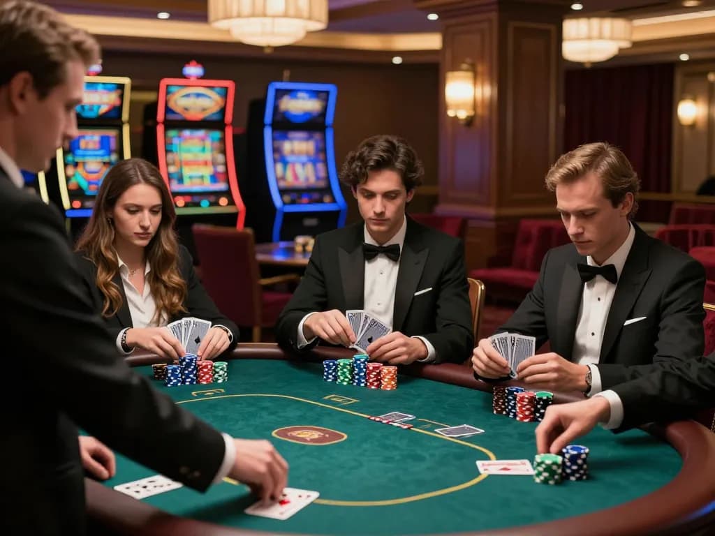 Pemain yang terlibat dalam permainan poker bertaruh tinggi yang menunjukkan strategi foya888, chip ditumpuk di meja.