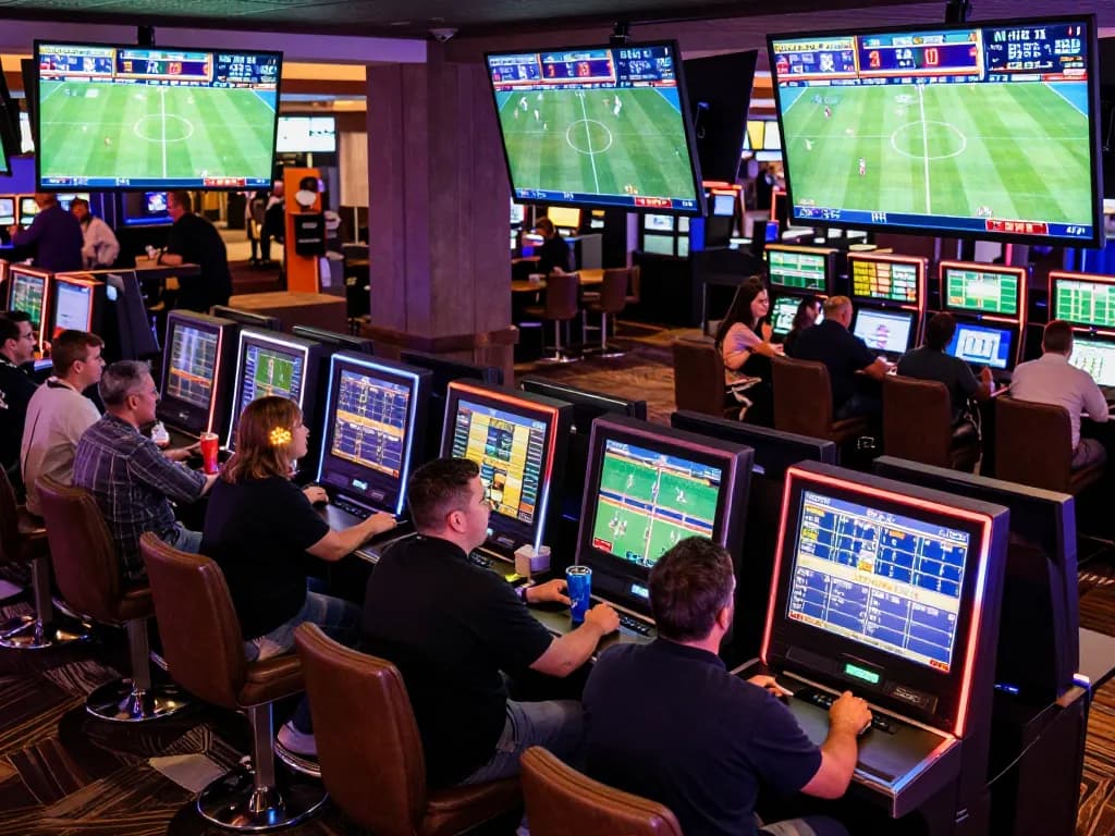 Engaged bettors experiencing the excitement of 7meter Parlay in a vibrant sportsbook atmosphere