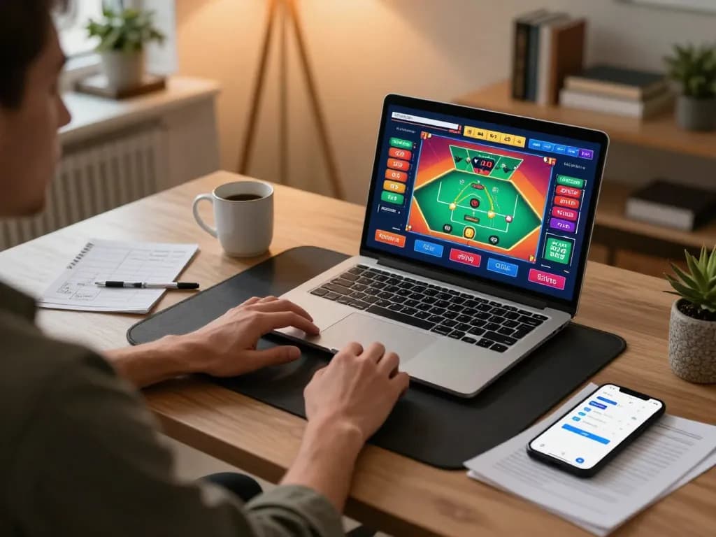 Player engaging in strategic gameplay on TG7777 online casino platform with laptop and gaming accessories