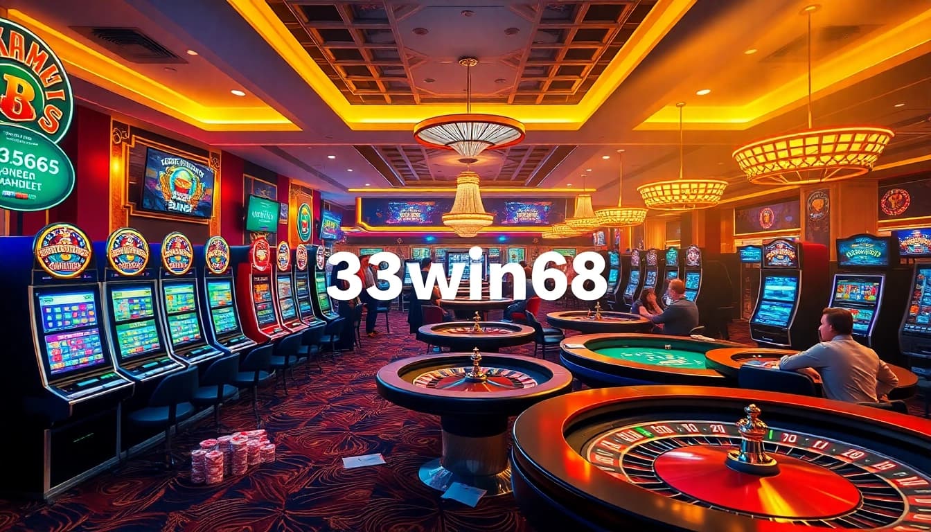 Rasakan kegembiraan berjudi dengan 33win68, menampilkan meja kasino yang meriah dan elemen permainan yang berwarna-warni.