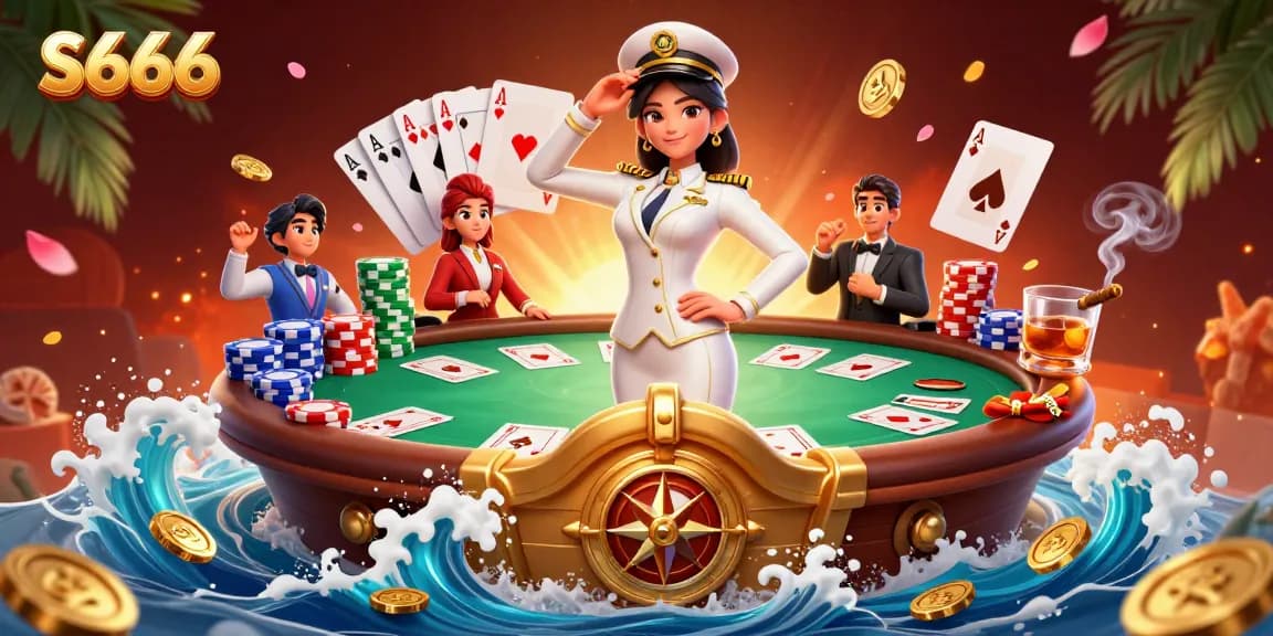 Engage with S666's vibrant casino adventure featuring a commanding officer surrounded by poker elements.