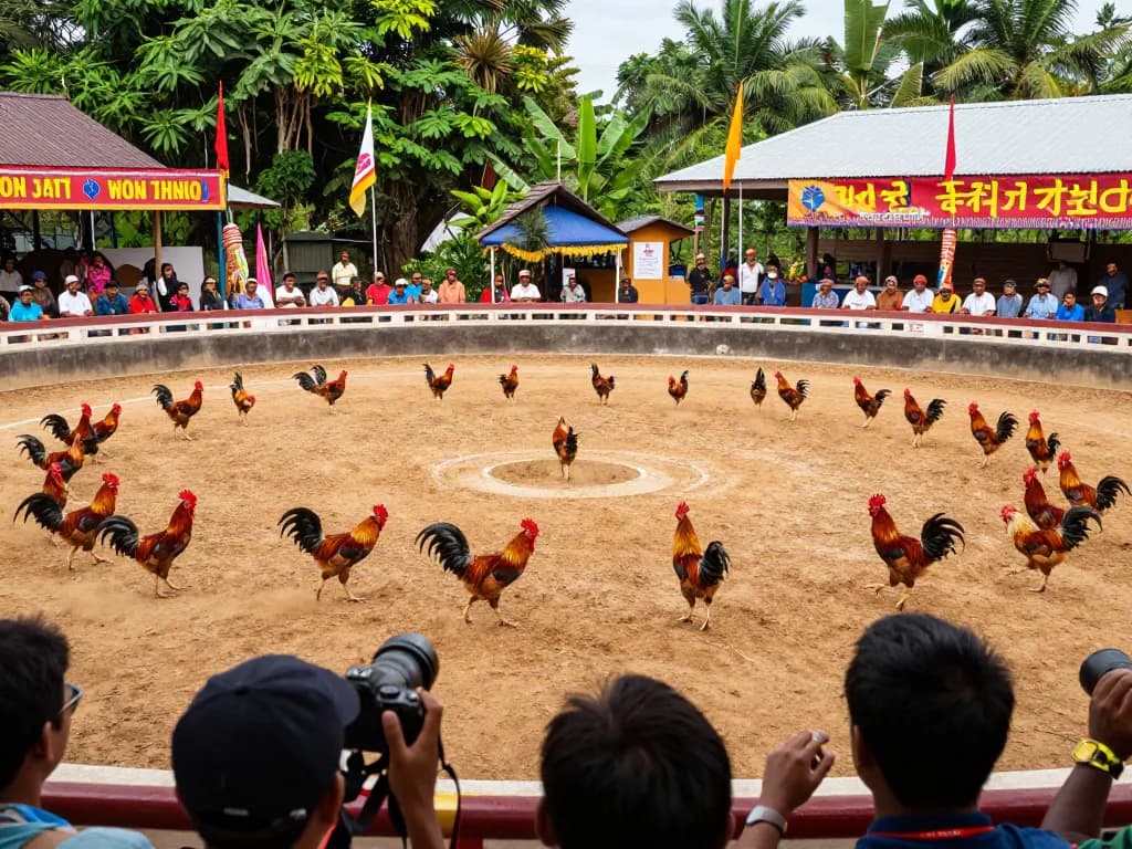 Đám đông nhiệt huyết cổ vũ trong sự kiện đá gà Thomo hôm nay trực tiếp tại một đấu trường đá gà sôi động, giới thiệu những chú gà trống đang thi đấu.