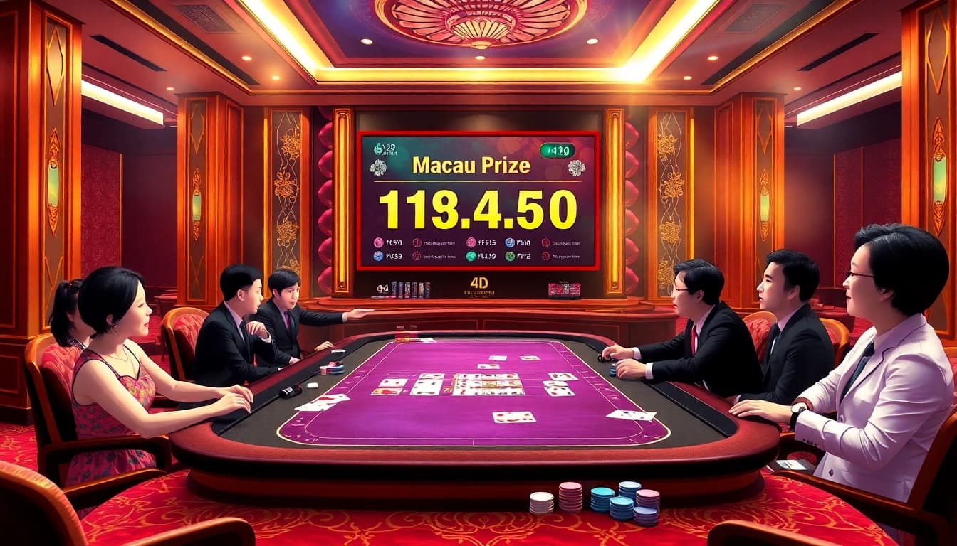 Live draw scene showcasing Macau Prize numbers with players engaged in luxury casino atmosphere.