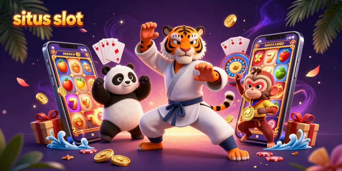 Engage with the dynamic situs slot scene featuring a kung fu tiger, pandas, and slot elements.