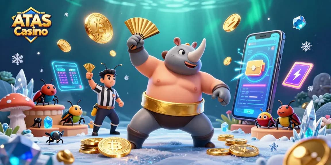 Exciting scene showcasing ATAS Casino with epic characters, glowing coins, and dynamic game elements.