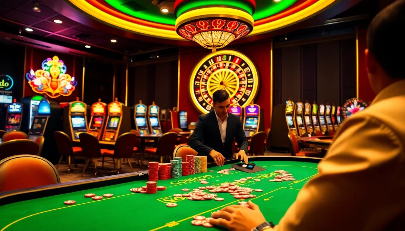 SODO Casino poker action with vibrant chips, exciting gameplay, and a professional dealer.