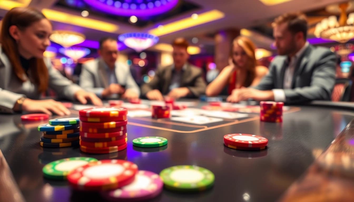 Engaging casino scene showcasing AT99 gaming table with players and vibrant chips.
