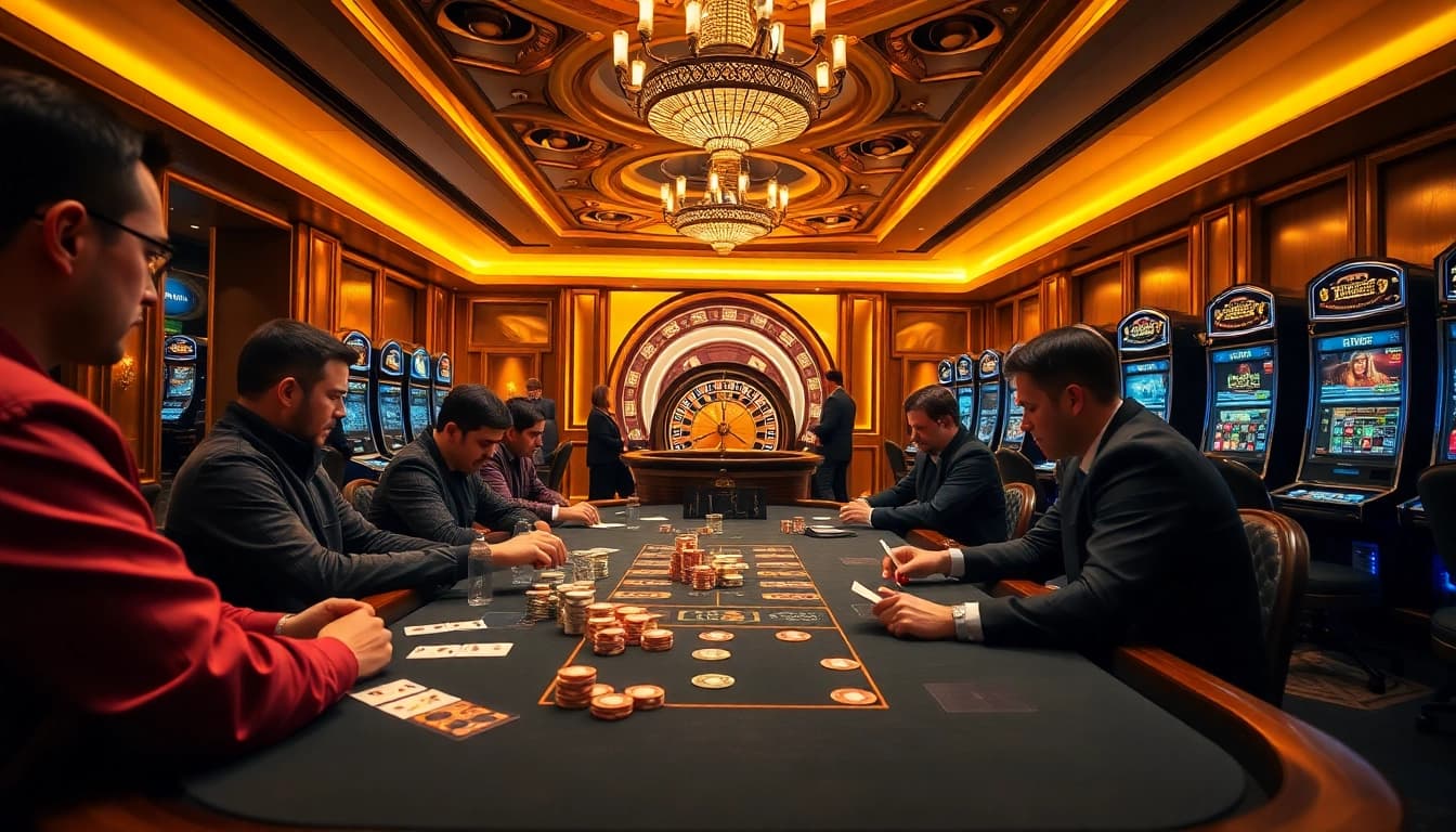 Players enjoying a high-stakes poker game at an elegant casino featuring e2 bet elements, with vibrant chips and a roulette wheel.