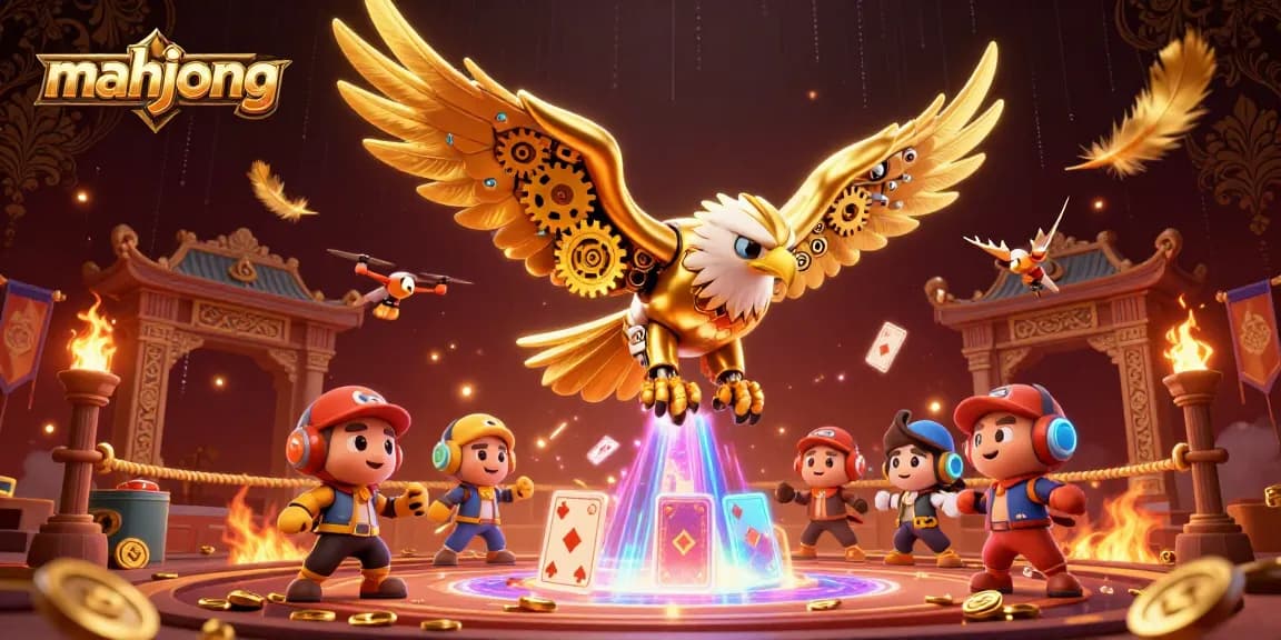 Engage in mahjong with a dynamic scene featuring a cybernetic eagle soaring through holographic elements and casino tokens.