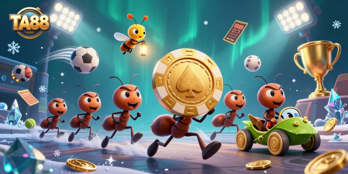Ants heist with a giant TA88 poker chip and sports elements in a vibrant casino scene